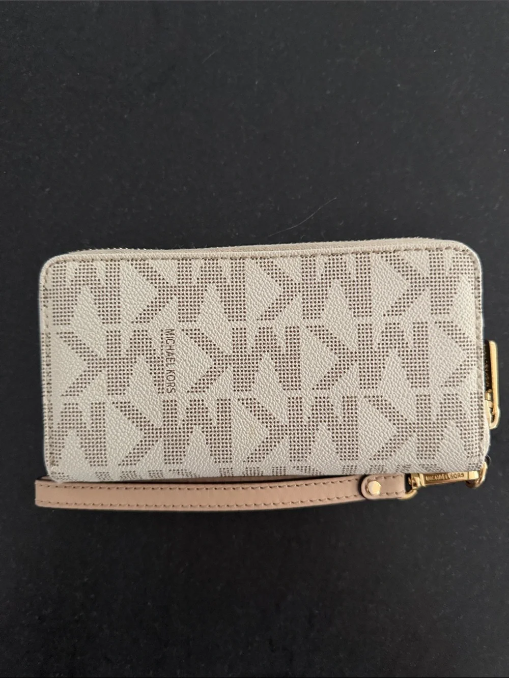 Michael Kors Beige Monogram Zip Wristlet with Gold Plaque